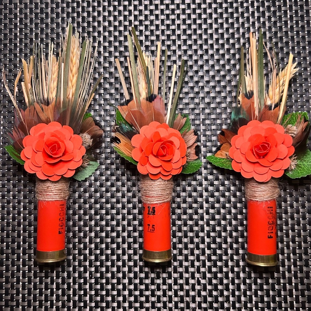 Set of 3 Shotgun Shell Boutonnieres Rustic Wedding Pheasant Feather Lapel Pins